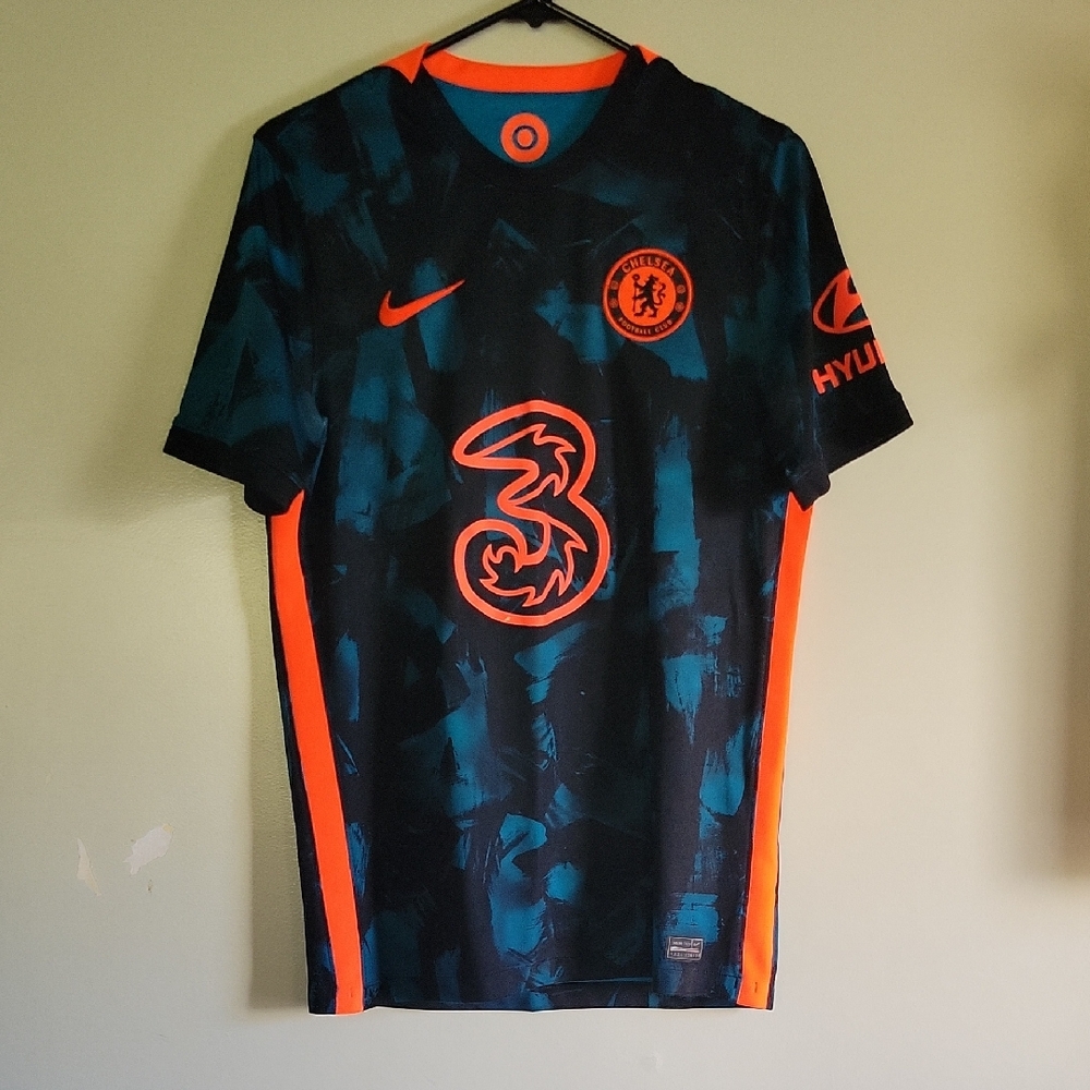 Nike Chelsea Football Club Teal and Black Jersey with Vibrant Orange